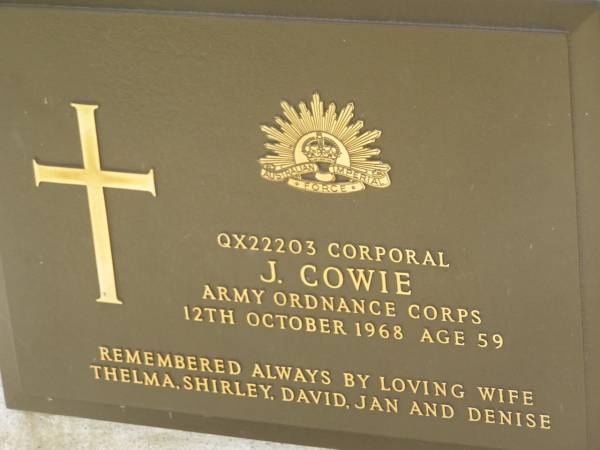 J. COWIE,  | died 12 Ocr 1968 aged 59 years,  | remembered by wife Thelma, Shirley, David,  | Jan & Denise;  | Appletree Creek cemetery, Isis Shire  | 