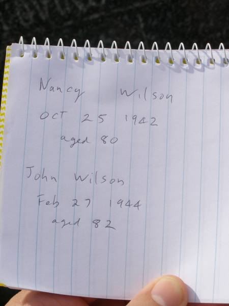 Nancy WILSON,  | died 25 Oct 1942 aged 80 years;  | John WILSON,  | died 27 Feb 1944 ageed 82 years;  | Appletree Creek cemetery, Isis Shire  | 