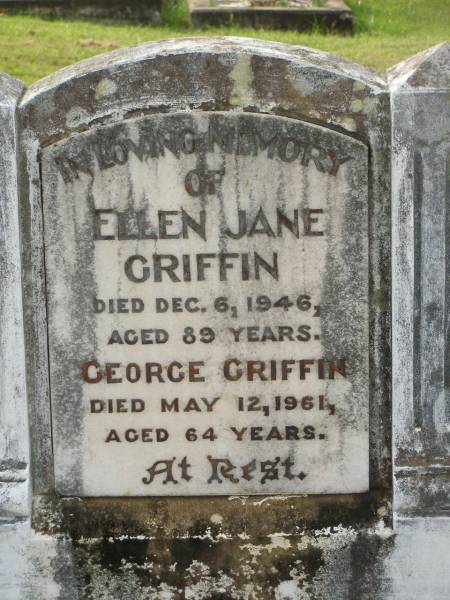Winifred GRIFFIN,  | died 8 Jan 1983 aged 88 years;  | Ellen Jane GRIFFIN,  | died 6 Dec 1946 aged 89 years;  | George GRIFFIN,  | died 12 May 1961 aged 64 years;  | Appletree Creek cemetery, Isis Shire  | 