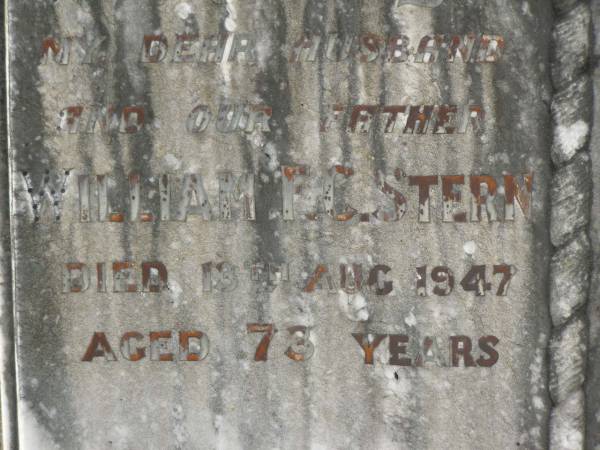 William F.C. STERN,  | husband father,  | died 19 Aug 1947 aged 73 years;  | Jean STERN,  | wife mother,  | died 10 April 1956 aged 76 years;  | Appletree Creek cemetery, Isis Shire  | 