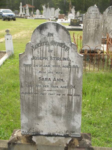 Joseph STIRLING,  | died 24 Jan 1928 aged 88 years;  | Sara Ann,  | wife,  | died 5 Sept 1924 aged 74 years;  | Appletree Creek cemetery, Isis Shire  | 