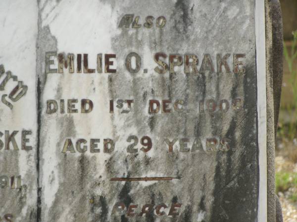 Antony T. PERSKE,  | died 18 May 1911 aged 24 years;  | Emilie O. SPRAKE,  | died 1 Dec 1906 aged 29 years,  | erected by mother C.M. PERSKE;  | Appletree Creek cemetery, Isis Shire  | 