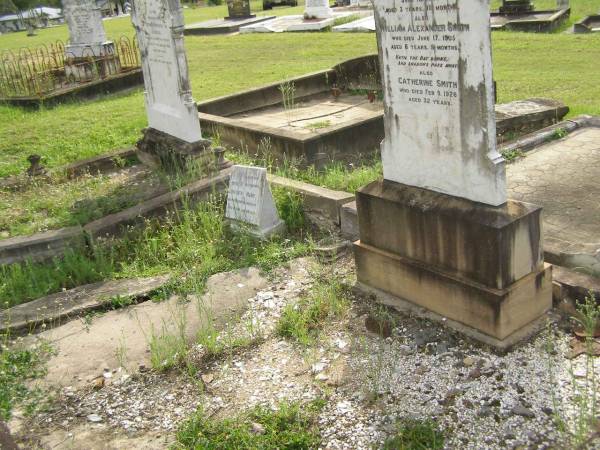 Leslie John SMITH,  | died North Isis 13 June 1905  | aged 3 years 10 months;  | William Alexander SMITH,  | died 17 June 1905 aged 8 years 8 months;  | Catherine SMITH,  | died 9 Feb 1926 aged 32 years;  | John SMITH,  | died 28 March 1928 aged 69 years;  | Mary,  | wife,  | died 22 July 1943 aged 84 years;  | Appletree Creek cemetery, Isis Shire  | 