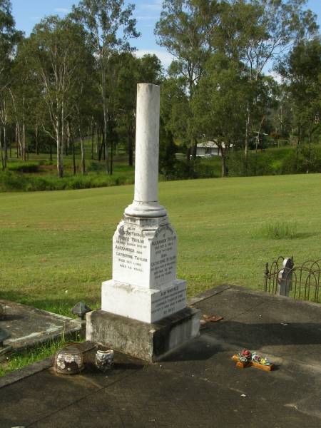 Alexander TAYLOR,  | died 5 Sep 1923 aged 74 years;  | Catherine TAYLOR,  | wife,  | died 22 Aug 1899 aged 46 years;  | Winifred,  | grandchild,  | daughter of Jemima & Charles KING,  | died 11 Aug 1899 aged 4 months;  | William Thomas Bruce TAYLOR,  | son of Alexander and Catherine TAYLOR,  | died 1 Oct 1962 aged 68 years;  | Appletree Creek cemetery, Isis Shire  |   | 
