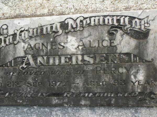 Agnes Alice ANDERSEN,  | wife of Percy,  | died 21 Sep 1977 aged 93 years;  | Appletree Creek cemetery, Isis Shire  | 