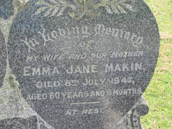George William MAKIN,  | husband father,  | died 23 Jan 1958 aged 71 years;  | Emma Jane MAKIN,  | wife mother,  | died 8 July 1947 aged 60 years 6 months;  | Dick TREVOR,  | cousin,  | died 30 July 1959 aged 75 years;  | Joyce (Nookie) Valmai MEIER,  | died 2 July 1985 aged 63 years;  | Alfred MAKIN,  | father,  | died 15 Feb 1989 aged 71 years;  | Appletree Creek cemetery, Isis Shire  | 