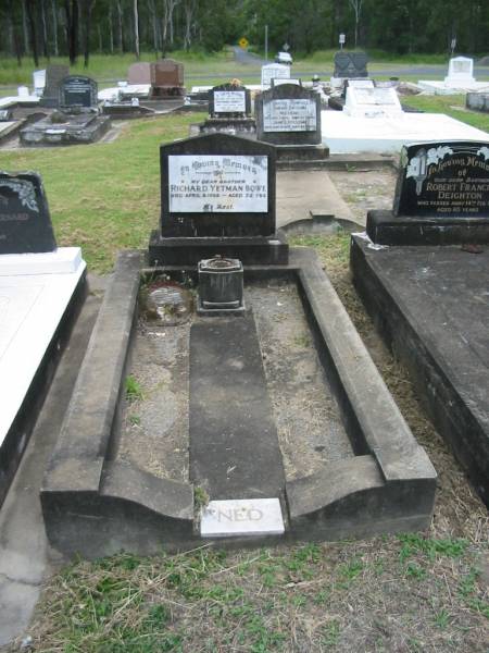 Richard Yetman (Ned) BOWE,  | brother,  | died 8 April 1958 aged 72 years;  | Appletree Creek cemetery, Isis Shire  | 