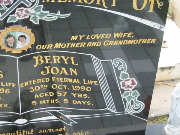 Kevin Thomas STALLAN,  | husband father grandpa,  | died 14 March 1996 aged 66 year 6 months 21 days;  | Beryl Joan STALLAN,  | wife mother grandmother,  | died 30 Oct 1990 aged 57 years 5 months 5 days;  | Appletree Creek cemetery, Isis Shire  | 