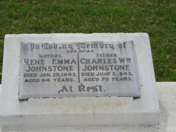 Rene Emma JOHNSTONE,  | mother,  | died 25 Jan 1943 aged 64 years;  | Charles Wm JOHNSTONE,  | father,  | died 3 June 1943 aged 70 years;  | Appletree Creek cemetery, Isis Shire  | 