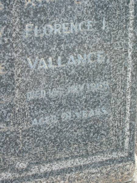William W. VALLANCE,  | died 23 Oct 1935 aged 61 years;  | Florence I. VALLANCE,  | died 18 July 1969 aged 91? years;  | Appletree Creek cemetery, Isis Shire  | 