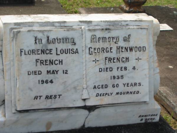 Florence Louisa FRENCH,  | died 12 May 1964;  | George Henwood FRENCH,  | died 4 Feb 1935 aged 60 years;  | Bevan George FRENCH,  | died 26 July 1929 aged 7 weeks;  | Appletree Creek cemetery, Isis Shire  | 
