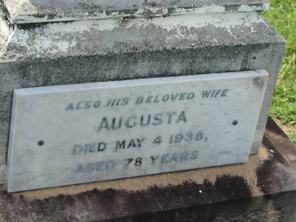 Herman A.L. WECHSEL,  | died 1 Dec 1914 aged 56 years;  | Augusta,  | wife,  | died 4 May 1938 aged 78 years;  | Appletree Creek cemetery, Isis Shire  | 