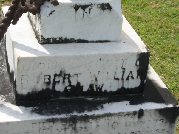 Robert William SHAW,  | died 28 Sept 1904 aged 17 years 10 months;  | Appletree Creek cemetery, Isis Shire  | 