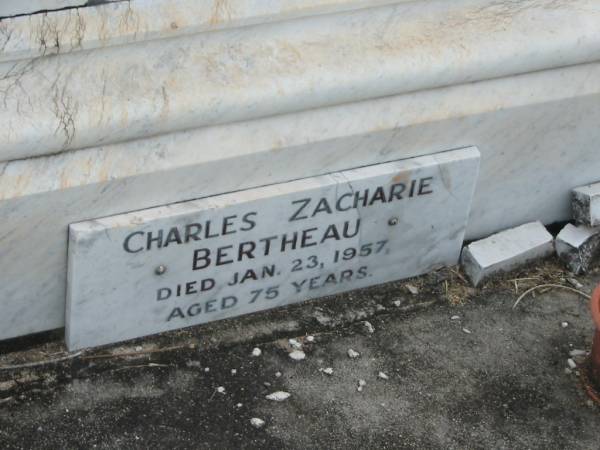 J.H.E. BERTHEAU,  | died 28 Dec 1903 aged 52 years;  | Mary Anne,  | wife,  | died 22 July 1919 aged 62 years;  | George Manus,  | brother,  | died 21 June 1923 aged 36 years;  | Adeline Muriel BERTHEAU,  | sister,  | died 19 Aug 1940 aged 39 years;  | Edmund James,  | brother,  | died 13 Sept 1948 aged 66 years;  | Walter Henry Edma,  | brother,  | died 5 Dec 1948 aged 68 years;  | Charles Zacharie BERTHEAU,  | died 23 Jan 1957 aged 75 years;  | Appletree Creek cemetery, Isis Shire  | 