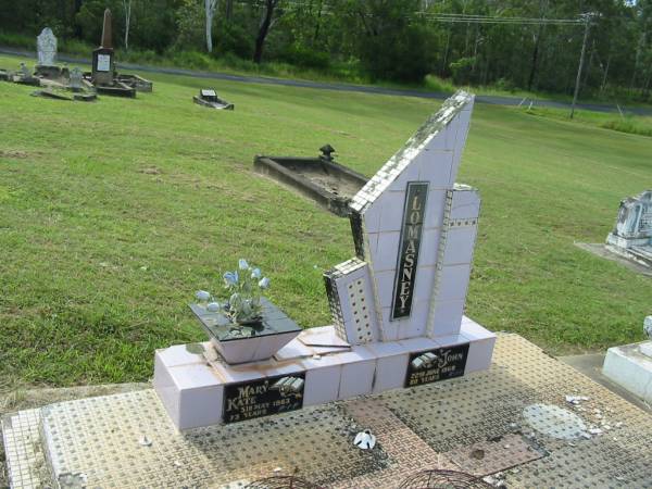 Mary Kate LOMASNEY,  | died 5 May 1963 aged 73 years;  | John LOMASNEY,  | died 22 June 1960 aged 80 years;  | Appletree Creek cemetery, Isis Shire  | 