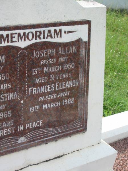 William KINGSTON,  | died 13 Oct 1950 aged 69 years;  | Matilda Christina KINGSTON,  | died 21 Aug 1965 aged 83 years;  | Joseph Allan KINGSTON,  | died 13 March 1950 aged 31 years;  | Fraces Eleanor KINGSTON,  | died 19 March 1982;  | Appletree Creek cemetery, Isis Shire  | 