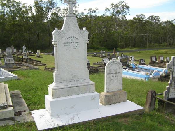 Joseph D.L. HAWE,  | died 28 April 1926 aged 24 years;  | Bridget HAWE,  | died 12 Dec 1931;  | Mary Elizabeth MCCABE,  | died 1 March 1933;  | John HAWE,  | died 3 Sept 1952;  | Kathleen Jane HAWE,  | died 30 May 1912 aged 6 years;  | Appletree Creek cemetery, Isis Shire  | 