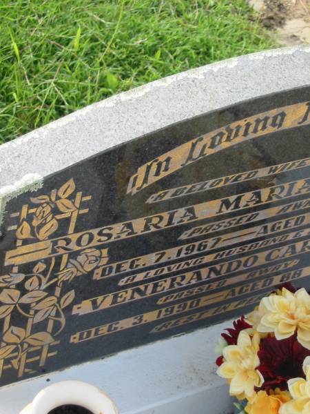 Rosaria Maria CARDILLO,  | wife mother,  | died 7 Dec 1967 aged 57 years;  | Venerando CARDILLO,  | husband father,  | died 3 Dec 1990 aged 88 years;  | Appletree Creek cemetery, Isis Shire  | 