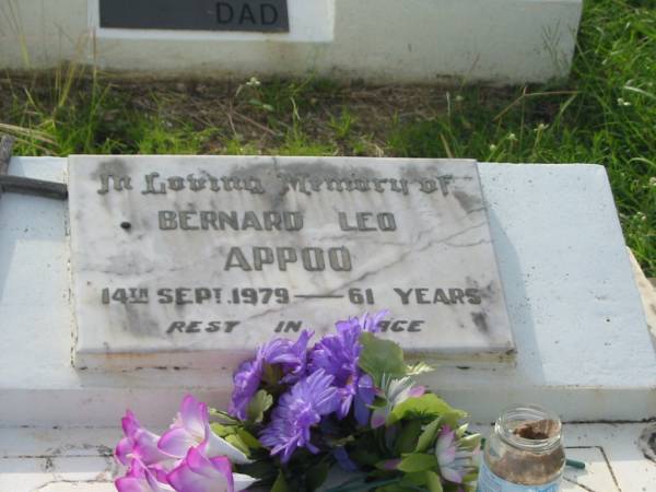 Bernard Leo APPOO,  | died 14 Sept 1979 aged 61 years;  | Appletree Creek cemetery, Isis Shire  | 