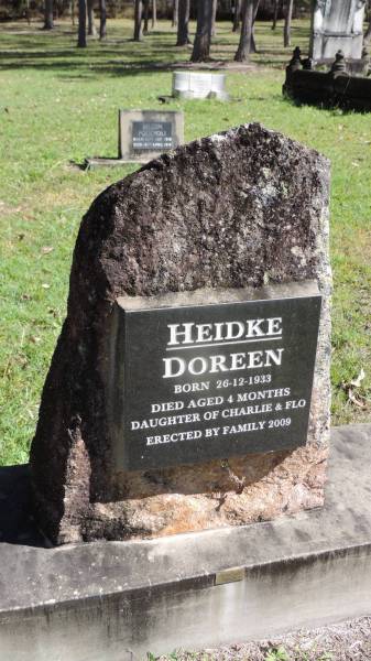 Doreen HEIDKE  | b: 26 Dec 1933  | d: aged 4 mo  | daughter of Charlie and Flo HEIDKE  |   | Atherton Pioneer Cemetery (Samuel Dansie Park)  |   | 