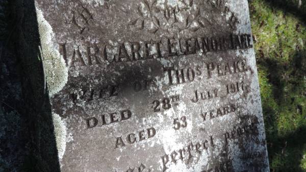 Margaret Elleanor Jane PEAKE  | wife of Thos PEAKE  | d: 28 Jul 1917 aged 53  |   | Thomas PEAKE  | husband of Margaret  | d: Sep 1934  |   | Atherton Pioneer Cemetery (Samuel Dansie Park)  |   |   | 