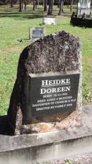 Doreen HEIDKE
b: 26 Dec 1933
d: aged 4 mo
daughter of Charlie and Flo HEIDKE
Atherton Pioneer Cemetery (Samuel Dansie Park)