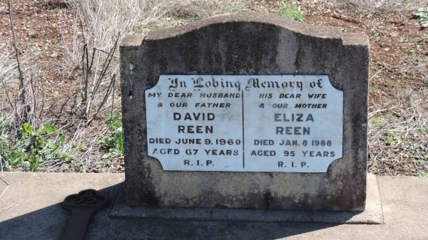 David REEN  | d: 9 Jun 1960 aged 67  |   | Eliza REEN  | d: 8 Jan 1988 aged 95  |   | Aubigny Catholic Cemetery, Jondaryan  |   | 