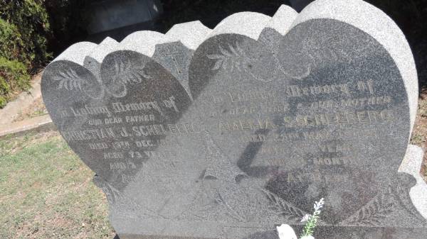Christian J SCHELBERG  | d: 13 Dec 1954 aged 73 years, 3 Mo  |   | Amelia S SCHELBERG  | d: 25 May 1943 aged 56 years, 10 mo  |   | Aubigny St Johns Lutheran cemetery, Toowoomba Region  | 