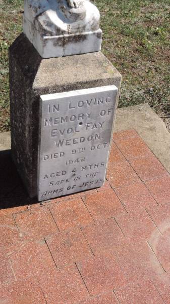 Evol Fay WEEDON  | d: 9 Oct 1942 aged 4 mo  |   | Aubigny St Johns Lutheran cemetery, Toowoomba Region  |   | 