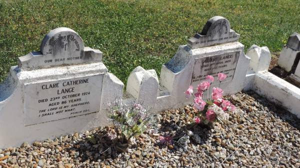 Clare Catherine LANGE  | d: 23 Oct 1974 aged 86  |   | husband:  | Albert LANGE  | d: 5 Apr 1929 aged 42  |   | Aubigny St Johns Lutheran cemetery, Toowoomba Region  |   | 