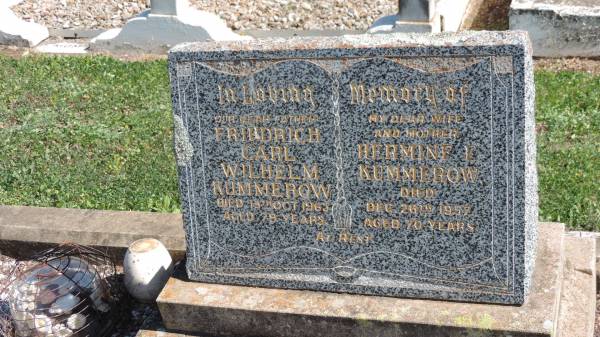 Friedrich Carl Wilhelm KUMMEROW  | d: 13 Oct 1963 aged 79  |   | Hermine E KUMMEROW  | d: 26 Dec 1957 aged 70  |   | Aubigny St Johns Lutheran cemetery, Toowoomba Region  |   | 