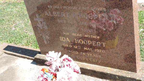 Albert HOOPERT  | d: 14 Jan 1968 aged 77  |   | wife  | Ida HOOPERT  | d: 12 May 1970 aged 74  |   | Aubigny St Johns Lutheran cemetery, Toowoomba Region  |   | 