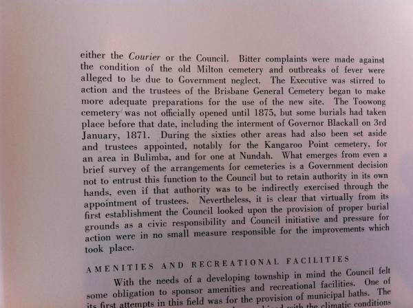 From  Brisbane 1859-1959   | Brisbane City Council Library  |   | During the (18)sixties other areas had also been set aside and trustees appointed, notably for Kangaroo Point Cemetery, for an area in Bulimba and for one at Nundah...  | 