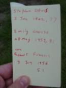 
Stephen DAVIS,
died 3 Jan 1942 aged 77 years;
Emily Louise, wife,
died 28 May 1957 aged 81 years;
Robert Francis, son,
died 3 June 1956 aged 51 years, cremated;
Barney View Uniting cemetery, Beaudesert Shire
