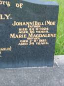 
NOE family;
Ena Ruby,
died 28-9-1912 aged 1 year;
Elsie May (Mason),
died 7-3-1983 aged 82 years;
Johann (Bill), father,
died 24-11-1924 aged 56 years;
Marie Magdalene, mother,
died 7-11-1955 aged 74 years;
Alfred Carl (Charlie),
died 20-5-1912 aged 4 years;
Barney View Uniting cemetery, Beaudesert Shire
