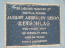 
August Asherley Henry RETSCHLAG, brother,
died 1 Feb 2002 aged 86 years;
Barney View Uniting cemetery, Beaudesert Shire
