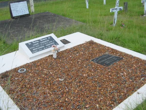 Jane GODWIN,  | died 27-4-1934 aged 47;  | Benjamin GODWIN,  | died 28-11-1967 aged 87;  | Benjamin William GODWIN,  | died 30-9-88 aged 71 years;  | Olive May GODWIN,  | died 2-8-95 aged 76 years;  | missed by children Ben, Ian, Deirdre,  | Heather, Peter & Val;  | Lyndsay GODWIN,  | born 5-8-1930 died 3-7-1995;  | Barney View Uniting cemetery, Beaudesert Shire  | 