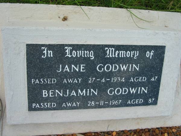 Jane GODWIN,  | died 27-4-1934 aged 47;  | Benjamin GODWIN,  | died 28-11-1967 aged 87;  | Benjamin William GODWIN,  | died 30-9-88 aged 71 years;  | Olive May GODWIN,  | died 2-8-95 aged 76 years;  | missed by children Ben, Ian, Deirdre,  | Heather, Peter & Val;  | Lyndsay GODWIN,  | born 5-8-1930 died 3-7-1995;  | Barney View Uniting cemetery, Beaudesert Shire  | 