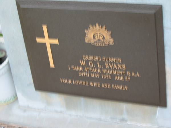 W.G.L. EVANS,  | died 24 May 1975 aged 57 years,  | remembered wife family;  | Barney View Uniting cemetery, Beaudesert Shire  | 
