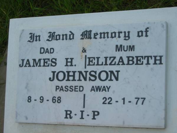 James H, JOHNSON, dad,  | died 8-9-68;  | Elizabeth JOHNSON, mum,  | died 22-1-77;  | Barney View Uniting cemetery, Beaudesert Shire  | 
