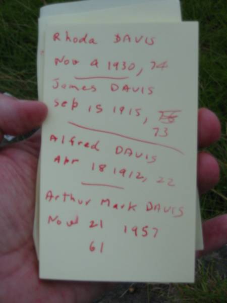 Rhoda DAVIS,  | died 4 Nov 1930 aged 74 years;  | James DAVIS,  | died 15 Sept 1915 aged 73 years;  | Alfred James DAVIS,  | died 18 April 1912 aged 22 years;  | Arthur Mark DAVIS,  | died 21 Nov 1957 aged 61 years;  | Barney View Uniting cemetery, Beaudesert Shire  | 