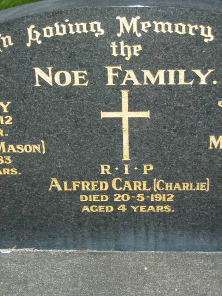 NOE family;  | Ena Ruby,  | died 28-9-1912 aged 1 year;  | Elsie May (Mason),  | died 7-3-1983 aged 82 years;  | Johann (Bill), father,  | died 24-11-1924 aged 56 years;  | Marie Magdalene, mother,  | died 7-11-1955 aged 74 years;  | Alfred Carl (Charlie),  | died 20-5-1912 aged 4 years;  | Barney View Uniting cemetery, Beaudesert Shire  | 
