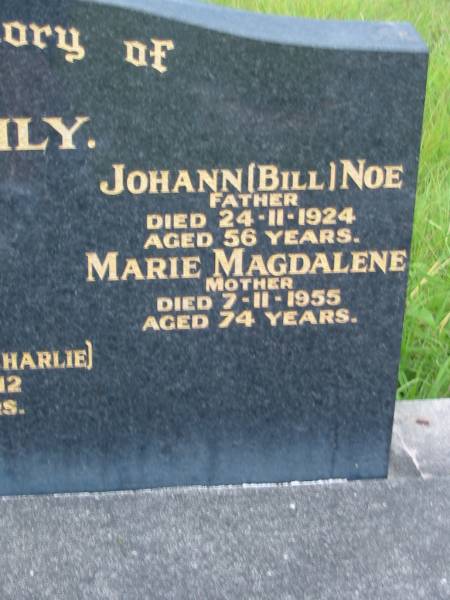 NOE family;  | Ena Ruby,  | died 28-9-1912 aged 1 year;  | Elsie May (Mason),  | died 7-3-1983 aged 82 years;  | Johann (Bill), father,  | died 24-11-1924 aged 56 years;  | Marie Magdalene, mother,  | died 7-11-1955 aged 74 years;  | Alfred Carl (Charlie),  | died 20-5-1912 aged 4 years;  | Barney View Uniting cemetery, Beaudesert Shire  | 