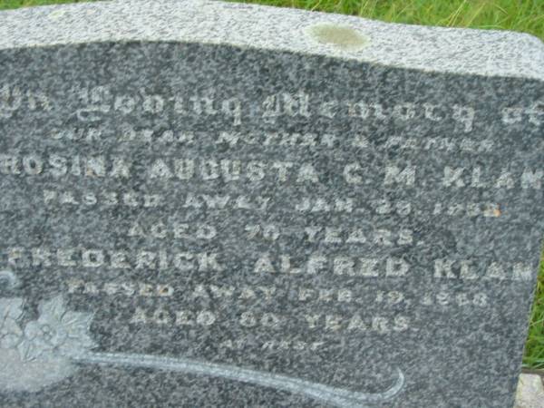 Rosina Augusta C.M. KLAN, mother,  | died 29 Jan 1953 aged 70 years;  | Frederick Alfred KLAN, father,  | died 19 Feb 1958 aged 80 years;  | Barney View Uniting cemetery, Beaudesert Shire  | 