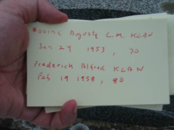 Rosina Augusta C.M. KLAN, mother,  | died 29 Jan 1953 aged 70 years;  | Frederick Alfred KLAN, father,  | died 19 Feb 1958 aged 80 years;  | Barney View Uniting cemetery, Beaudesert Shire  | 