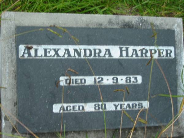 Alexandra HARPER,  | died 12-9-83 aged 80 years;  | Barney View Uniting cemetery, Beaudesert Shire  | 