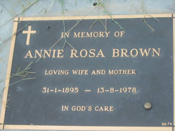 Annie Rosa BROWN,  | wife mother,  | 31-1-1895 - 13-8-1978;  | Barney View Uniting cemetery, Beaudesert Shire  | 