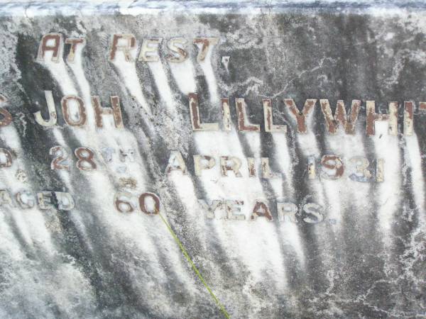 Charles John LILLYWHITE,  | died 28 April 1931 aged 60 years;  | Beerburrum Cemetery, Caloundra  | 
