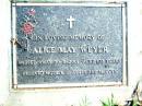
Alice May WEYER,
died 30-5-2001 aged 103 years,
mother of Colin & Mervyn;
Beerwah Cemetery, City of Caloundra
