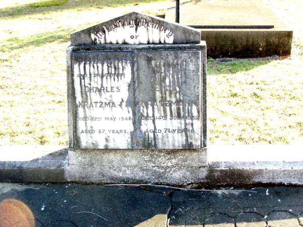 Charles KRATZMANN, husband father,  | died 22 May 1946 aged 67 years;  | Emily KRATZMANN, mother,  | died 14 July 1952 aged 71 years;  | Beerwah Cemetery, City of Caloundra  | 